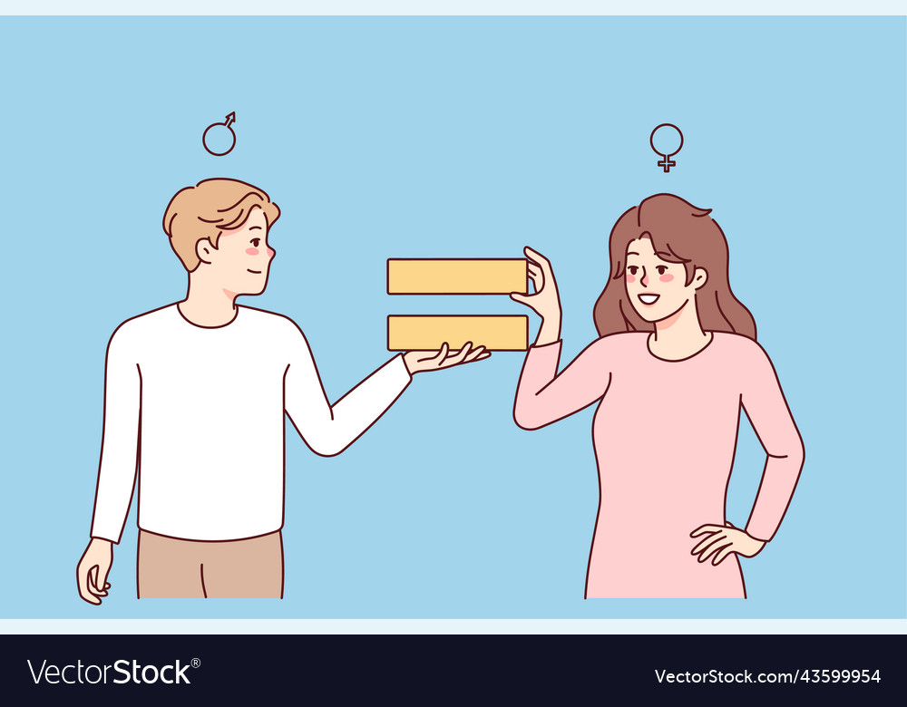 Smiling man and woman show equality sign