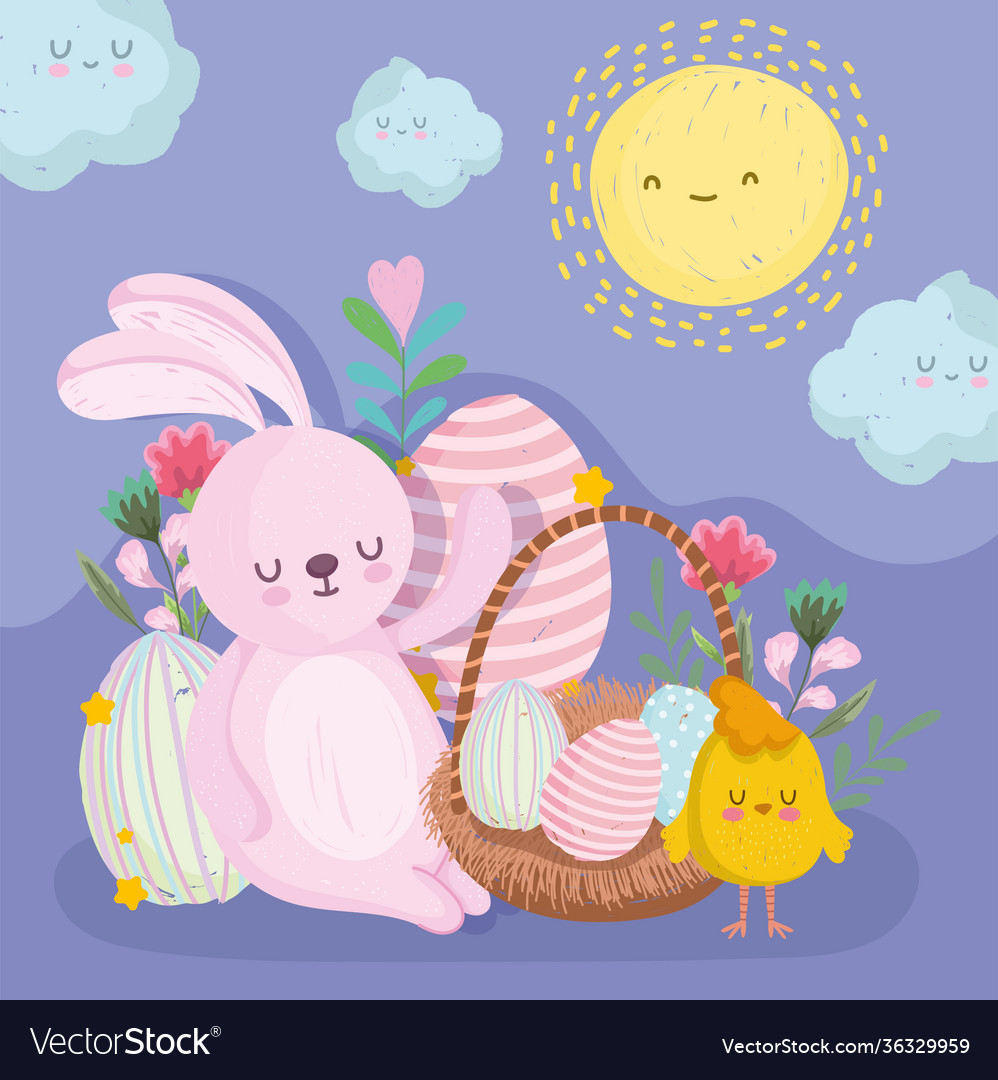 Cute easter bunny with chicken egg on basket