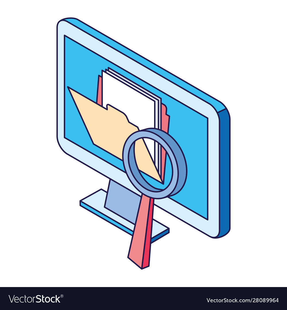 Computer with folder and magnifying glass