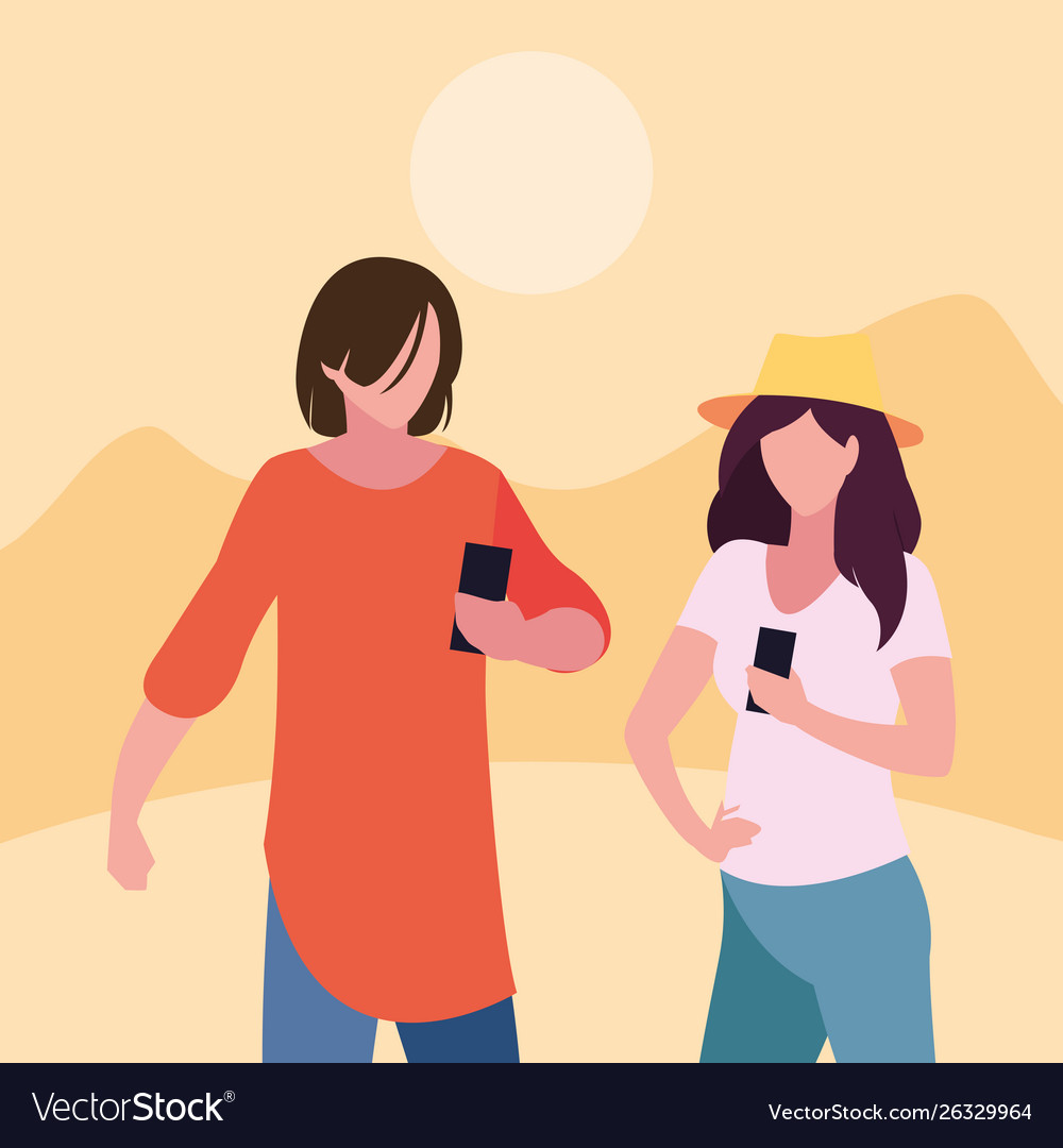 Man and woman characters using smartphone