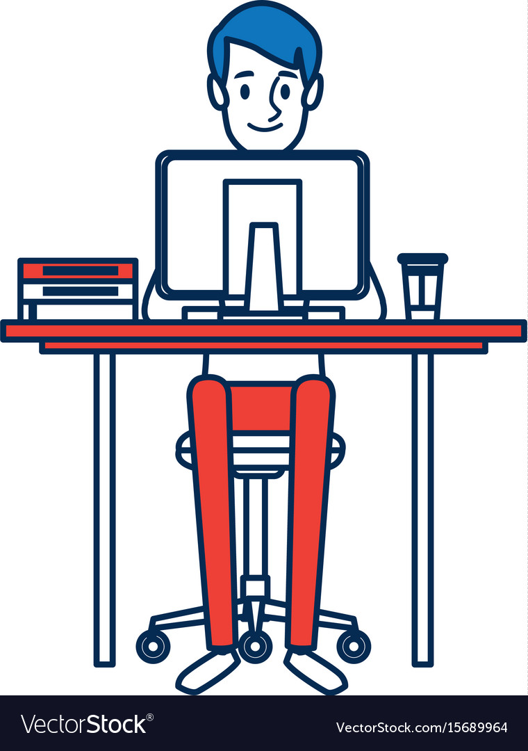 Man character sitting working desk computer