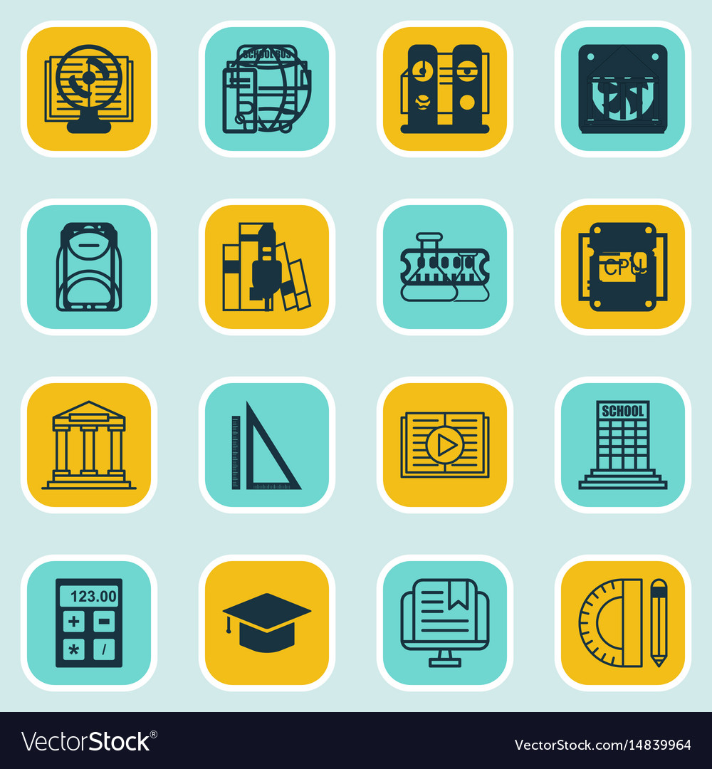 Set of 16 school icons includes e-study taped