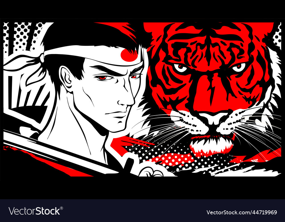Samurai Mann und Tiger im Manga anime Stil vector image Samurai Mann und Tiger im Manga anime Stil