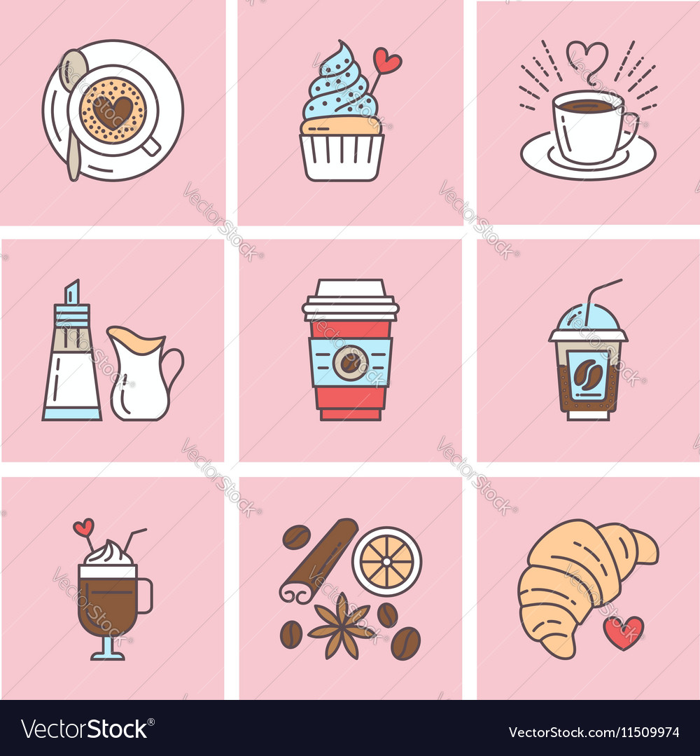 Niedliche Liniensymbole von Kaffeeelementen