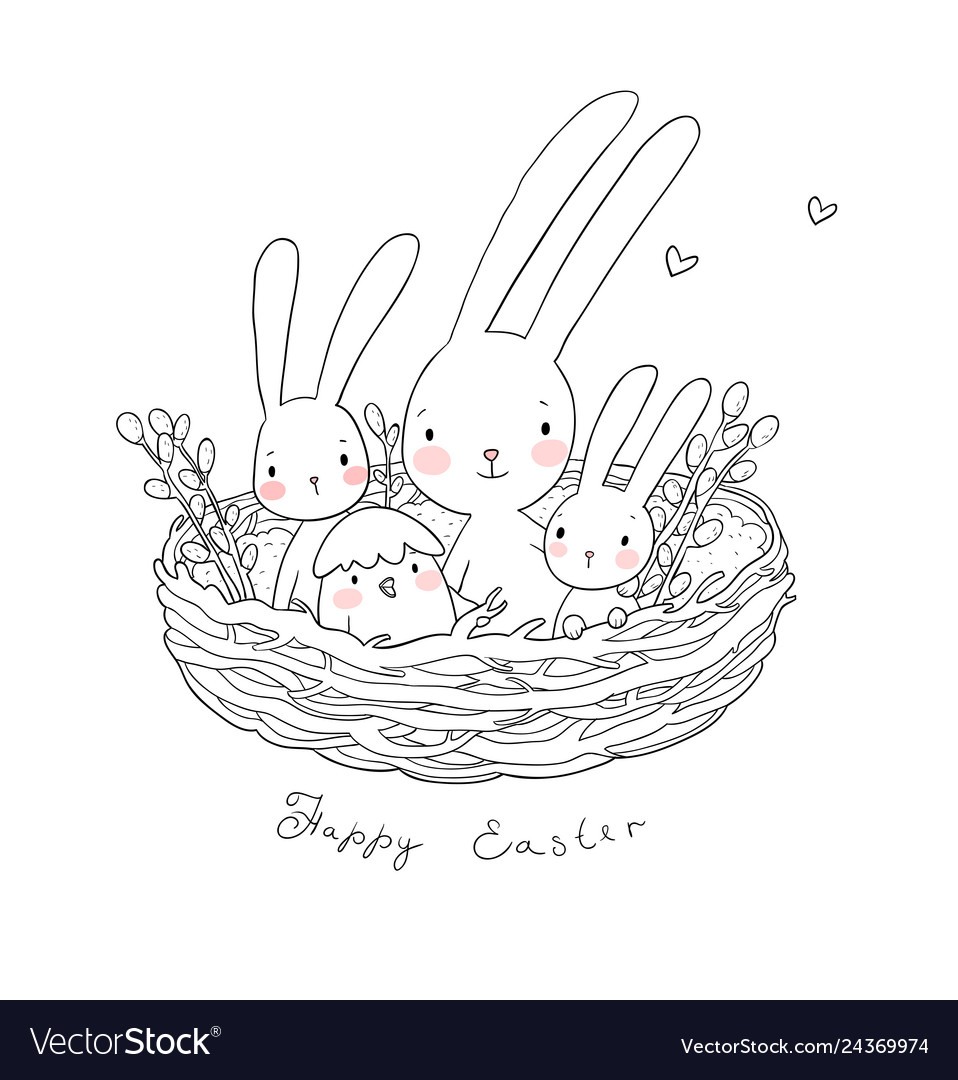 Easter bunnies and chickens cute hare and chick Vector Image