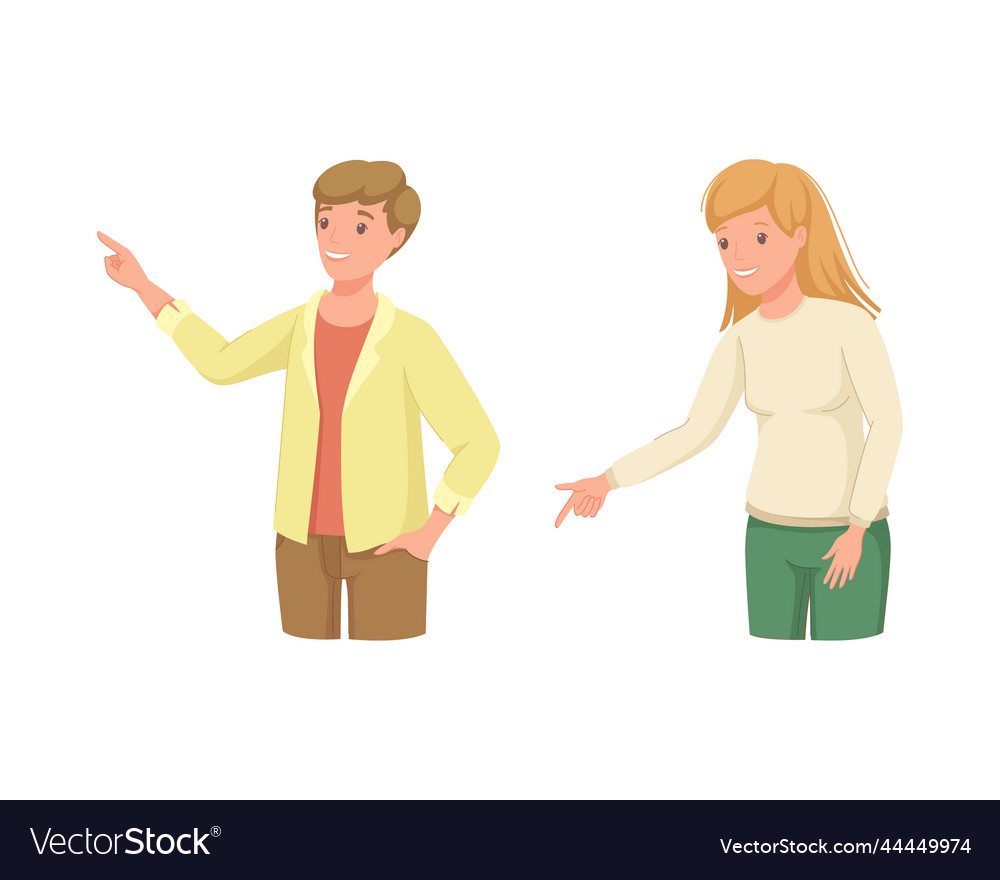 Man and woman character indicating something