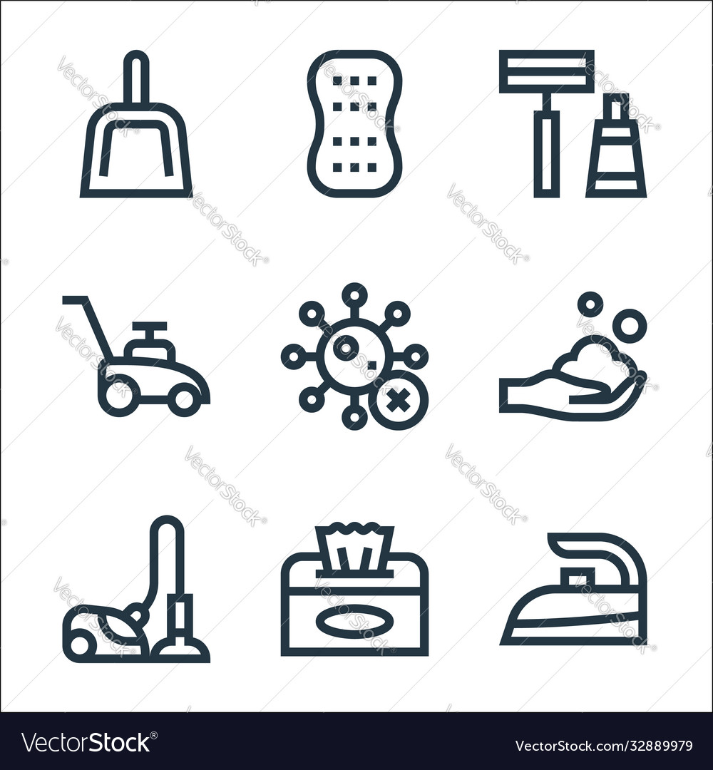 Cleaning line icons linear set quality vector image Cleaning line icons linear set quality