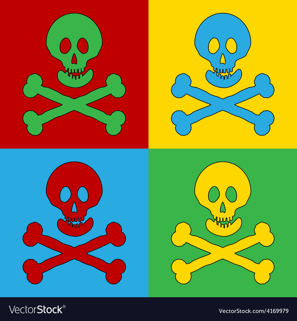 Pop art skull and bones danger sign icons