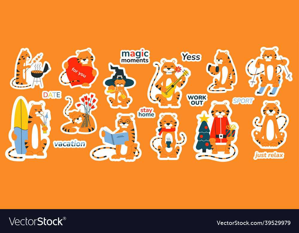 Sticker set with cartoon tigers new year 2022 vector image Sticker set with cartoon tigers new year 2022