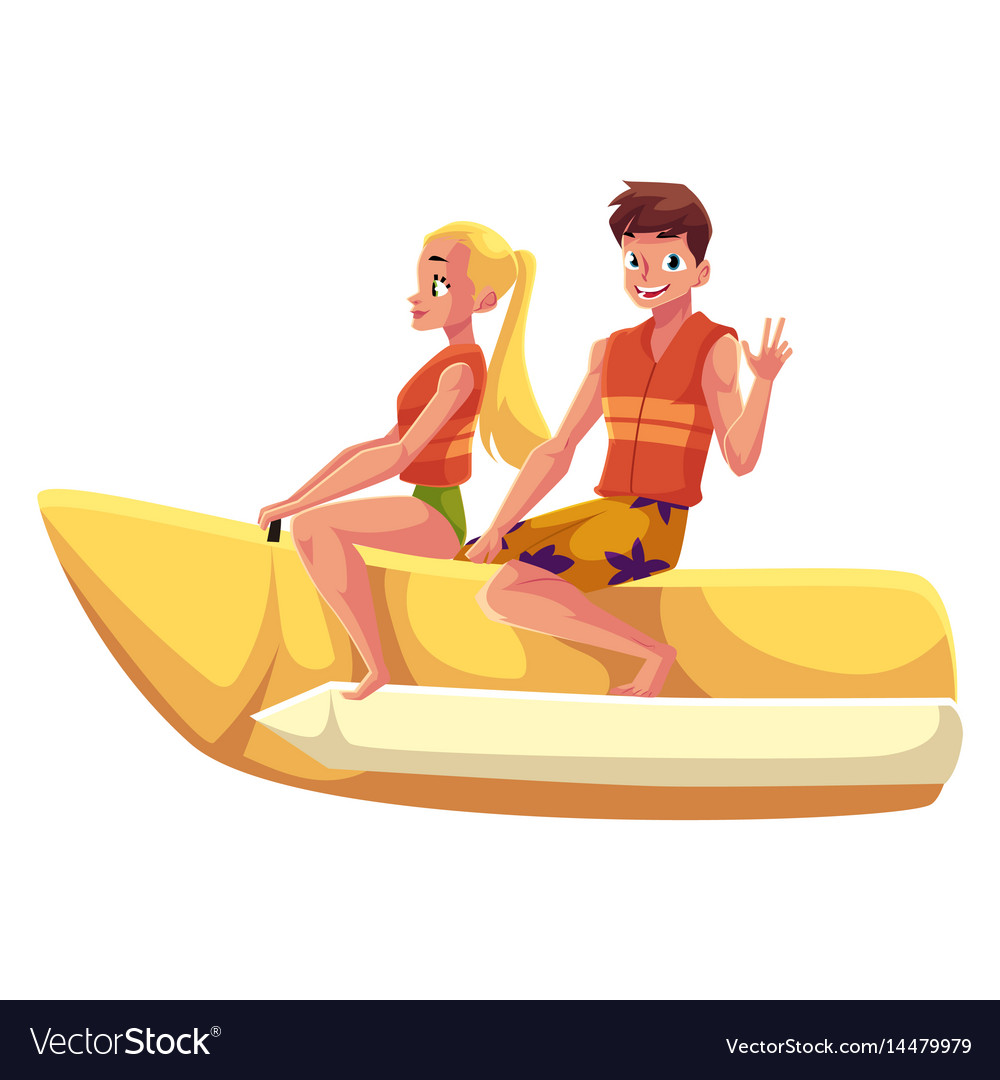 Young couple man and woman riding banana boat