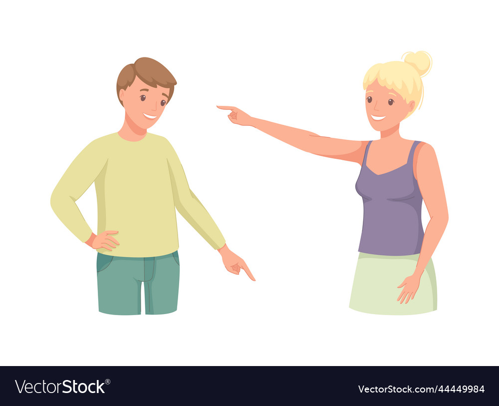 Man and woman character indicating something