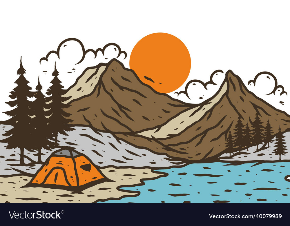 Line art drawing of mountain lake camping Vector Image Line art drawing of mountain lake camping Vector Image