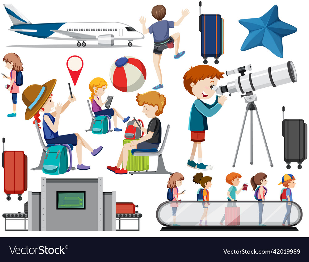 Set of cartoon character with travel object vector image Set of cartoon character with travel object
