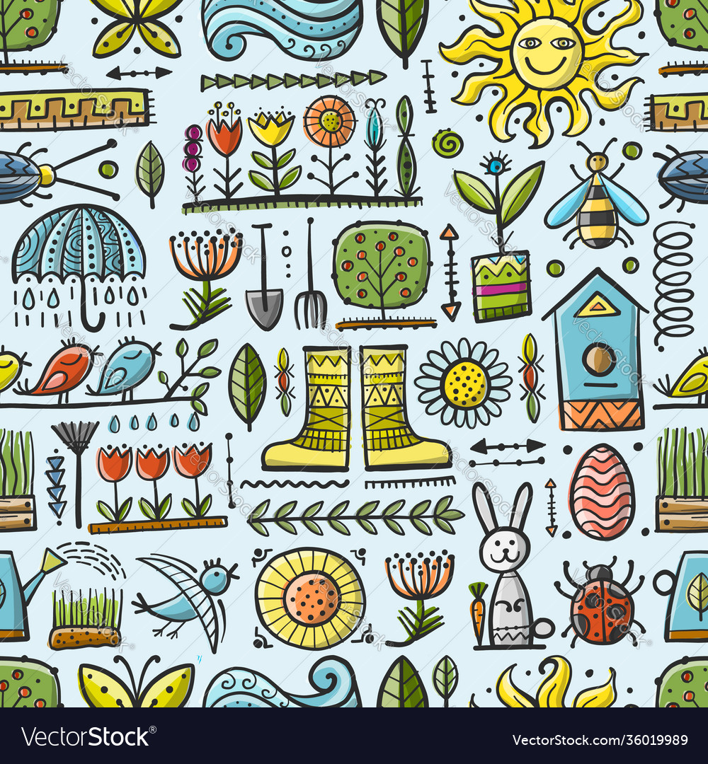 Spring and gardening background seamless pattern vector image Spring and gardening background seamless pattern