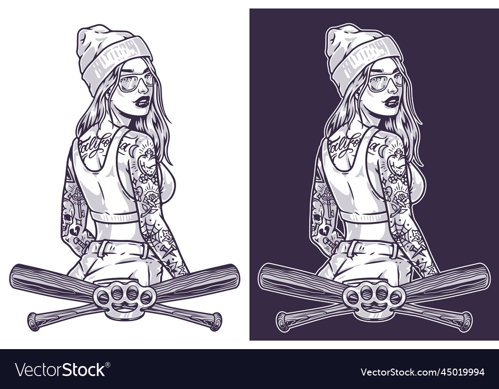 Beauty tattoo girl sticker monochrome Royalty Free Vector