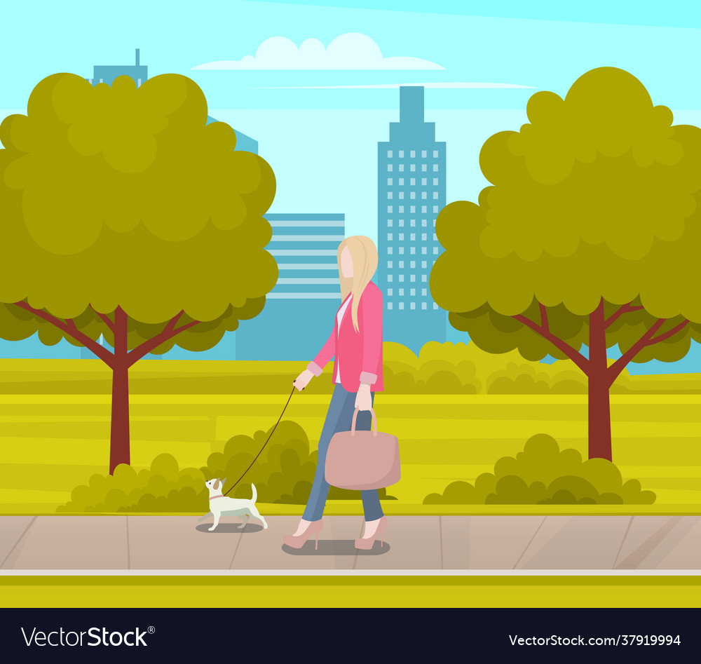 Business woman with small white dog is walking