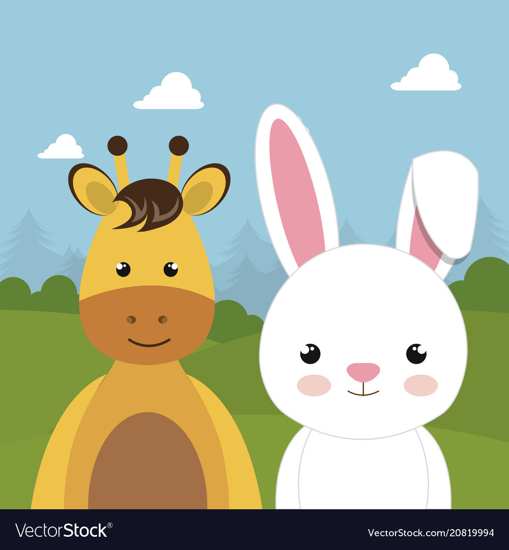 Cute rabbit and giraffe in the field landscape Vector Image