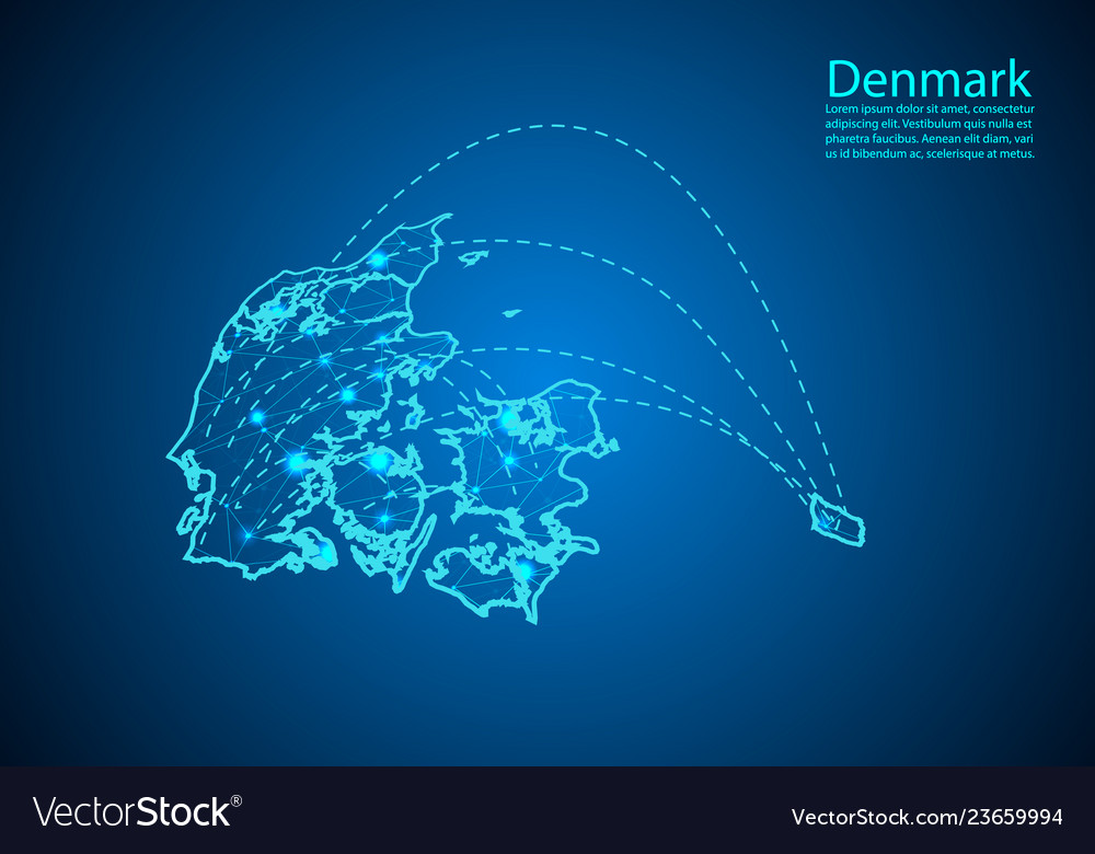 Denmark map with nodes linked by lines concept vector image Denmark map with nodes linked by lines concept