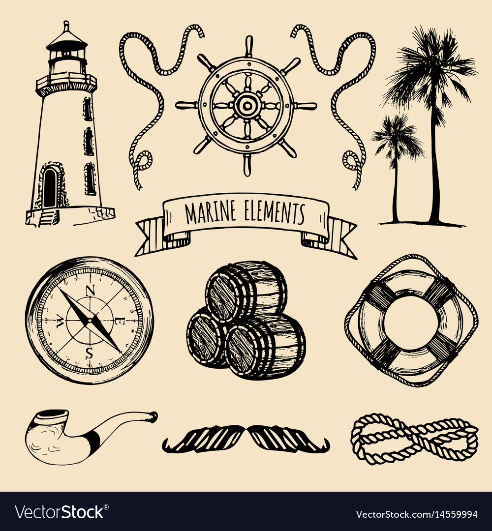 Marine set hand sketched sea Royalty Free Vector Image