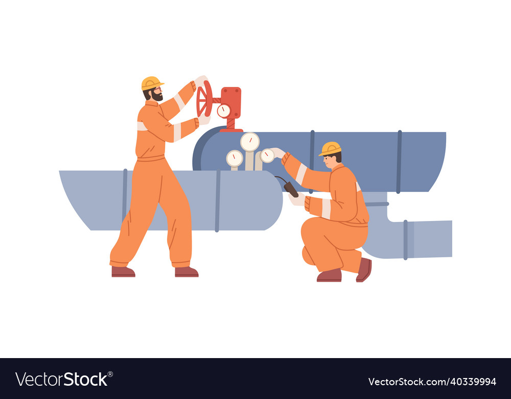 Workers control work of pipeline open valve vector image Workers control work of pipeline open valve