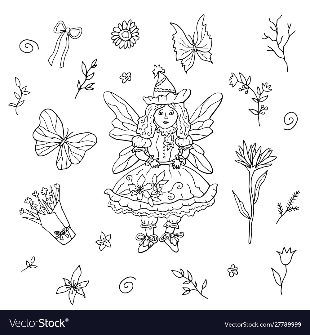 fairy girl and floral doodling hand drawn vector image