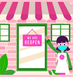 Cartoon Girl Showing Shop With We Are Reopen Sign