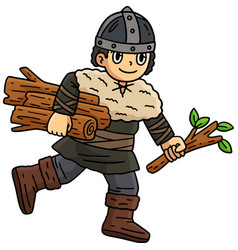 Viking Child Gathering Log Cartoon Colored Clipart