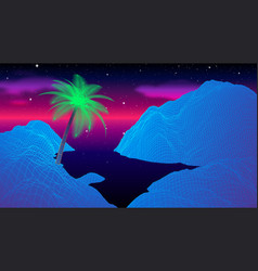 Beach With Mountains At Night Synthwave