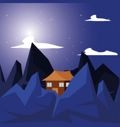 Log Cabin Wooden In Night Landscape