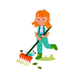 Girl Picking Up Trash With A Rake