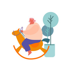 Fat Woman Riding Baby Wooden Horse Toy Isolated