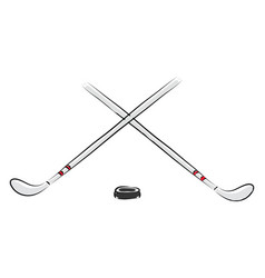 Two White Hockey Sticks And Black Puck White