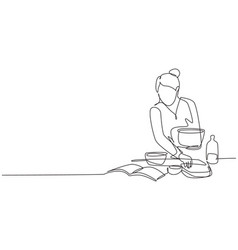 Single One Line Drawing Beautiful Woman Cooking