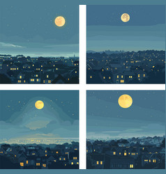 Entire Moon Nocturnal City Vista Cartoon