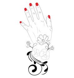 Hand With Red Nails And Flower Line Art