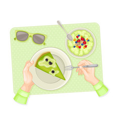 Human Hands Eating Green Matcha Cake On Plate