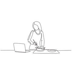 Continuous One Line Drawing Woman Cooking Dinner