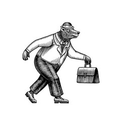 A Bear Man In Suit Hat And Carrying Case Runs