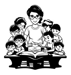 Teacher Reading A Book With Children In Cartoon