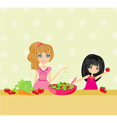 Two Smiling Kids Mixing Salad