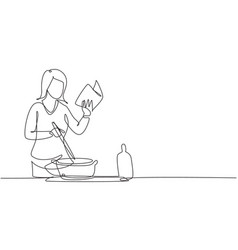 Single One Line Drawing Young Woman Cooking While