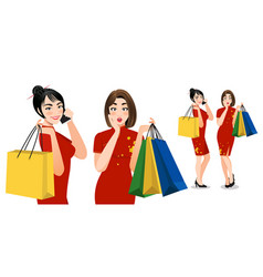 Chinese Women In Cheongsam Dress Holding Shopping