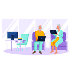 Senior Man And Woman Sitting On Sofa Read E Book