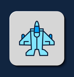 Filled Outline Jet Fighter Icon Isolated On Blue