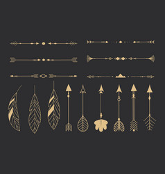 Set Golden Tribal Feathers Line Art Native Arrow