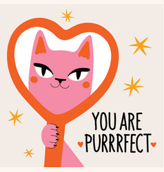 With Pink Cat Looking In Red Heart Shaped Mirror