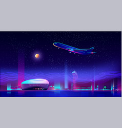 Airplane Take Off From Runway At Neon Night City