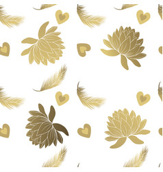 Seamless Pattern Golden Lotus And Palm Leaves