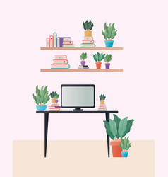 Desk With Computer And Plants In Room