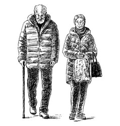 Hand Drawing Of Couple Old Spouses Walking